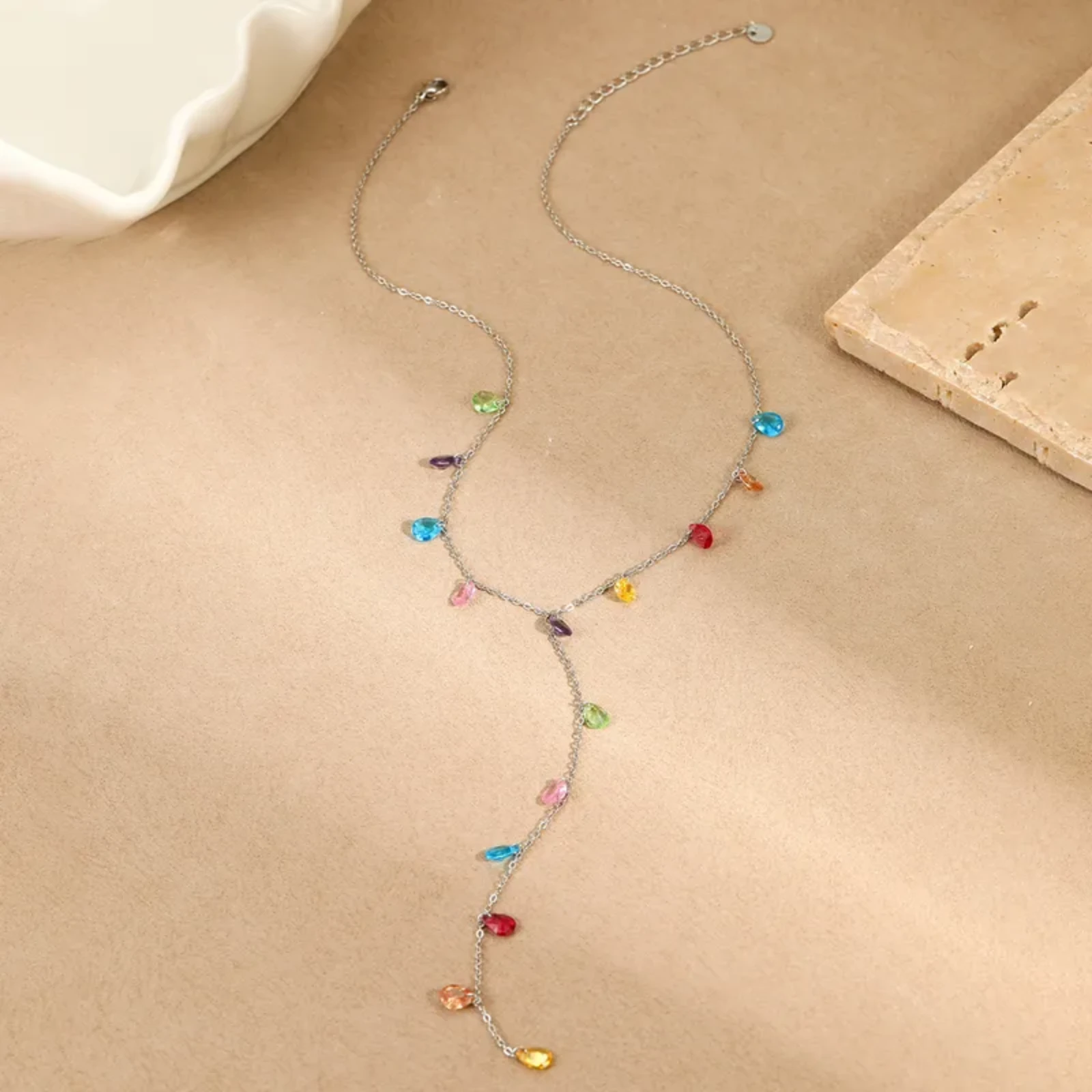 Collier argenté acier inoxydable gouttes multicouleurs